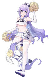  absurdres ahoge azur_lane bare_shoulders black_ribbon breasts cheerleader closed_mouth crop_top elbow_gloves female frilled_skirt frills full_body gloves hair_ribbon high_ponytail highres long_hair looking_at_viewer medium_breasts midriff navel official_alternate_costume pom_pom_(cheerleading) purple_eyes purple_hair purple_sailor_collar ribbon sailor_collar simple_background skirt smile stomach thighhighs underboob unicorn unicorn_(azur_lane) unicorn_(champion_of_unicorn)_(azur_lane) very_long_hair white_background white_footwear white_gloves white_skirt white_thighhighs xin_sanmu 