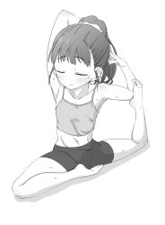  armpits arms_behind_head barefoot black_hair black_shorts camisole closed_eyes closed_mouth collarbone commentary female flexible foot_up fukuyama_mai full_body greyscale hair_ornament hair_scrunchie highres idolmaster idolmaster_cinderella_girls midriff monochrome navel nishino_hikoji pants pigeon_pose ponytail scrunchie shadow shorts simple_background solo stretching sweat white_background white_scrunchie yoga yoga_pants 