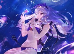  bikini breasts female fire_emblem fire_emblem:_three_houses highres jellyfish lysithea_von_ordelia navel purple_eyes small_breasts solo sumustard swimsuit underwater water white_hair 