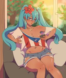  areola_peek belly_button big_thighs blue_eyes blue_hair cellphone hatsune_miku jean_shorts no_bra oversized_shirt puerto_rican puerto_rican_flag puerto_rican_miku ragoldcat shiny_skin tanned_skin texting 