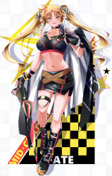  belt black_choker black_footwear black_gloves black_skirt blonde_hair blush bow breasts brown_belt checkered_flag choker fate_testarossa female flag full_body gloves hairbow highres large_breasts looking_at_viewer lyrical_nanoha mahou_shoujo_lyrical_nanoha navel race_queen red_eyes skirt smile solo sougetsu_izuki tank_top twintails two-tone_cape umbrella 