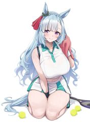  animal_ears azur_lane ball bare_shoulders between_legs black_wristband blue_hair blue_tail blunt_bangs blush braid breasts bremerton_(azur_lane) bremerton_(azur_lane)_(cosplay) bremerton_(scorching-hot_training)_(azur_lane) commentary cosplay crown_braid ear_ornament female green_shirt green_skirt hand_between_legs herohero_(higashi_no_dou) highres horse_ears horse_girl horse_tail huge_breasts long_hair looking_at_viewer mejiro_ardan_(umamusume) midriff navel navel_piercing piercing purple_eyes racket seiza shirt shoes sidelocks simple_background sitting skirt sleeveless sleeveless_shirt smile sweat tail tennis_ball tennis_racket thick_thighs thighs towel umamusume white_background white_shirt white_skirt white_wristband wristband 