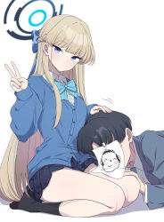  1boy absurdres black_socks blonde_hair blue_archive blue_bow blue_bowtie blue_cardigan blue_eyes blue_halo blush bow bowl_cut bowtie cardigan closed_mouth doodle_sensei_(blue_archive) female halo headpat highres hiroikara_(smhong04) lap_pillow long_hair looking_at_viewer miniskirt paper_on_head school_uniform sensei_(blue_archive) short_hair simple_background skirt sleeping socks suit thighs toki_(blue_archive) v white_background 