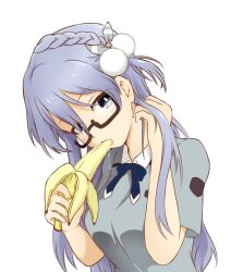  22/7 banana black-framed_eyewear blue_bow blue_bowtie blue_eyes blue_hair bow bowtie braid diagonal-striped_bow dress emblem fellatio female food fruit gabrieltenma77 grey_dress hair_ornament hairbow hand_in_own_hair holding holding_food holding_fruit light_blue_hair long_hair looking_at_viewer maruyama_akane oral pom_pom_(clothes) pom_pom_hair_ornament rectangular_eyewear saliva semi-rimless_eyewear sexually_suggestive short_sleeves simple_background simulated_fellatio single_braid solo three_quarter_view under-rim_eyewear white_background 