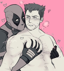  2boys absurdres bara beard_stubble blank_eyes blush chest_hair collarbone deadpool deadpool_(series) facial_hair from_behind gloves greyscale_with_colored_background hand_on_another&#039;s_chest heart highres large_pectorals looking_at_another male_focus marvel mask mature_male motion_lines multiple_boys muscular muscular_male mustache_stubble navel_hair nipple_stimulation nipple_tweak nipples nude parted_lips pectoral_grab pectorals pink_background sherlock7akane short_hair simple_background stubble sweat teeth twitter_username upper_body wolverine_(x-men) x-men yaoi 