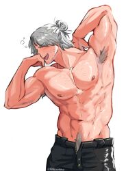  1boy abs armpit_hair armpits bara beard_stubble biceps black_pants closed_eyes dante_(devil_may_cry) devil_may_cry_(series) devil_may_cry_5 facial_hair grey_hair hair_bun highres large_pectorals male_focus mature_male muscular muscular_male navel navel_hair pants pectorals seal_lover420 sparse_chest_hair stubble topless_male twitter_username white_background 