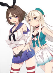  2girls beret black_gloves black_hairband black_neckerchief black_panties blonde_hair blue_hair blue_sailor_collar blue_skirt brown_hair commission cosplay costume_switch crop_top crossed_arms elbow_gloves gloves green_hat green_shirt grey_eyes hairband hat highleg highleg_panties kantai_collection long_hair maya_(kancolle) maya_(kancolle)_(cosplay) maya_kai_ni_(kancolle) maya_kai_ni_(kancolle)_(cosplay) microskirt miniskirt mitsuyo_(mituyo324) multiple_girls neckerchief panties pleated_skirt sailor_collar shimakaze_(kancolle) shimakaze_(kancolle)_(cosplay) shirt short_hair skirt sleeveless sleeveless_shirt striped_clothes striped_thighhighs thighhighs underwear white_gloves white_neckerchief white_sailor_collar white_skirt 