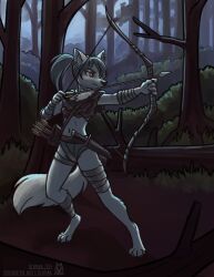  2024 anthro arctic_fox arm_wraps arrow_(weapon) biped black_nose bow_(weapon) canid canine claws clothed clothing crop_top digitigrade eyebrows female fluffy fluffy_tail forest fox grey_hair hair hi_res holding_bow_(weapon) holding_object holding_ranged_weapon holding_weapon inner_ear_fluff knife leg_wrap lichfang mammal midriff navel night outside plant ponytail quiver_(object) ranged_weapon shirt shrub solo tail toe_claws topwear tree true_fox tuft weapon white_body wraps 