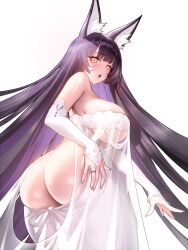  absurdres animal_ear_fluff animal_ears ass ass_cutout azur_lane black_hair breasts bridal_gauntlets bride clothing_cutout dress facial_mark female fox_ears fox_girl from_behind highres jiangshuai_mengenze large_breasts long_hair looking_at_viewer looking_back musashi_(azur_lane) musashi_(purest_wisteria)_(azur_lane) official_alternate_costume revealing_clothes see-through sideless_dress solo wedding_dress whisker_markings white_background white_bridal_gauntlets white_dress 