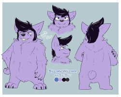  5:4 anthro black_hair black_nails blue_eyes colored_nails crossed_arms ears_up evil_grin fluffy fur grin hair looking_at_viewer male model_sheet nails neck_tuft purple_body purple_fur sillybilly sillybilly_(old_design) slavv0 smile solo teeth teeth_showing tuft 