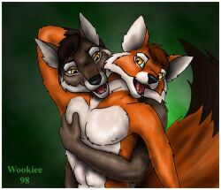  1998 abs anthro biped canid canine canis duo fox hug hugging_another hugging_from_behind male male/male mammal open_mouth pec_grab pecs tail wolf wooky yellow_eyes 