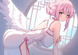  angel_wings artist_name ass back back_cutout bare_shoulders bent_over blue_archive blush breasts china_dress chinese_clothes closed_mouth clothing_cutout commentary day dress feathered_wings female hair_bun hair_ribbon hand_on_own_arm hanging_breasts highres huge_breasts lattice looking_back low_wings maru.selinn median_furrow mika_(blue_archive) nail_polish pink_hair pink_nails purple_eyes ribbon round_window side_slit single_side_bun smile solo thighs tight_clothes tight_dress twitter_username two-tone_eyes white_dress white_ribbon white_wings window wings yellow_eyes 