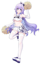  absurdres ahoge azur_lane bare_shoulders black_ribbon breasts cheerleader closed_mouth crop_top elbow_gloves female frilled_skirt frills full_body gloves hair_ribbon high_ponytail highres long_hair looking_at_viewer medium_breasts midriff navel official_alternate_costume pom_pom_(cheerleading) purple_eyes purple_hair purple_sailor_collar ribbon sailor_collar simple_background skirt smile stomach thighhighs underboob unicorn_(azur_lane) unicorn_(champion_of_unicorn)_(azur_lane) very_long_hair white_background white_footwear white_gloves white_skirt white_thighhighs xin_sanmu 