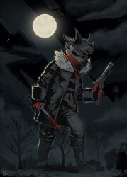  absurd_res anthro belt black_boots black_clothing black_footwear black_hair black_horn black_nose blade blood bodily_fluids boots bottomwear canid canid_demon canine canis clothing cloud dagger dark_clothing darkest_dungeon demon duskhound fog footwear full_moon fur gloves grey_body grey_fur gun hair handwear hellhound heroes_fail hi_res horn jacket kerchief leather leather_clothing leather_jacket leather_topwear male mammal melee_weapon moon mythological_canine mythological_creature mythology night pants plant ranged_weapon red_kerchief shoes solo star topwear tree weapon wolf 