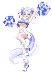  absurdres arm_up armpits ayatsuno_yuni baggy_socks breasts character_name cheerleader cleavage crop_top cross-laced_footwear cross-shaped_pupils detached_wings double_bun female full_body grey_hair hair_bun hand_up highres holding holding_pom_poms looking_at_viewer multicolored_hair navel open_mouth pom_pom_(cheerleading) purple_eyes shoes simple_background skirt smile socks solo standing standing_on_one_leg stellive stomach symbol-shaped_pupils tail teeth upper_teeth_only virtual_youtuber white_background white_footwear white_skirt white_socks wings yt9676 