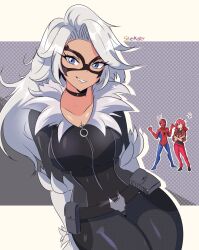  1boy 2girls artist_name black_bodysuit black_cat_(marvel) black_choker black_shirt blue_eyes bodysuit border breasts choker cleavage domino_mask female fortnite fur_trim highres large_breasts latex latex_bodysuit long_hair looking_at_viewer marvel mary_jane_watson mask master67silver multiple_girls pants red_hair red_pants shirt smile spider-man spider-man_(series) superhero_costume white_border white_hair 