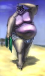  absurd_res beach belly big_belly clothed clothing dragon drakei hi_res huge_belly male mythological_creature mythological_scalie mythology obese overweight overweight_male purple_body sand scalie underwear underwear_only walking_towards_viewer 