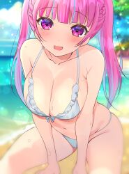  bare_shoulders beach bikini blue_sky blurry blurry_background blush bow bow_bikini braid breasts cleavage cloud cloudy_sky collarbone commentary_request day female frilled_bikini frills groin hololive huge_breasts long_hair looking_at_viewer minato_aqua multicolored_hair navel nta_(n_tan2) ocean open_mouth outdoors pink_eyes pink_hair sand sky smile solo stomach streaked_hair swimsuit thighs tree twintails virtual_youtuber white_bikini white_bow 