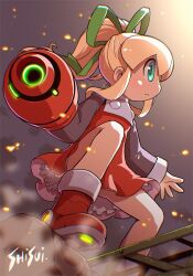  arm_cannon blonde_hair blue_eyes boots bow chromatic_aberration closed_mouth dress embers female frills from_below from_side glowing green_bow hairbow legs long_sleeves mechanical_boots mega_man_(classic) mega_man_(series) ponytail profile red_dress red_footwear rock roll_(mega_man) shisui sidelighting sidelocks smoke solo tareme weapon 