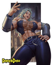  abs breasts copyright_name corset cowboy_shot dorohedoro female hand_on_own_hip hand_up highres large_breasts looking_at_viewer muscular muscular_female noi_(dorohedoro) red_eyes solo white_hair xevious_(user_mrkh2888) 