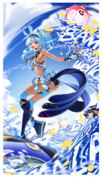  absurdres armpits ass blue_footwear blue_hair body_markings breasts dark_skin female full_body genshin_impact highres ino_(kzhu5545) mualani_(genshin_impact) ocean red_eyes sideboob smile solo surfboard surfing tan 