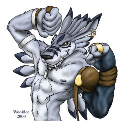  1:1 2000 anthro armwear bandai_namco biped clothing digimon digimon_(species) dog_tags ear_piercing ear_ring flexing fur garurumon grey_body grey_fur looking_at_viewer male muscular muscular_male piercing ring_piercing scar snaggle_tooth solo wooky 