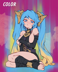  bare_shoulders blue_eyes blue_hair blush breasts briar_(league_of_legends) briar_(league_of_legends)_(cosplay) cosplay embarrassed female hair_ornament large_breasts league_of_legends long_hair looking_at_viewer multicolored_background multicolored_hair open_mouth phantom_ix_row sitting solo sona_(league_of_legends) tearing_up twintails 