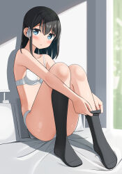  apollo_(hu_maple) bare_arms bare_shoulders bed black_hair black_socks blue_eyes blush bow bra breasts collarbone commentary_request female hairbow highres knees_up long_hair looking_at_viewer no_shoes on_bed original panties parted_lips reclining removing_legwear sitting small_breasts socks solo underwear undressing white_bow white_bra white_panties 