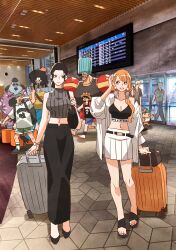  2girls 6+boys afro airport bag black_hair black_pants blonde_hair blue_hair blue_skin brook_(one_piece) colored_skin commentary_request copyright_name crop_top curly_hair eye_contact facial_hair fish_boy franky_(one_piece) full_body goatee green_hair hair_bun hat headphones headphones_around_neck highres holding holding_suitcase jacket jewelry jinbe_(one_piece) looking_at_another monkey_d._luffy multiple_boys multiple_girls nami_(one_piece) necklace nico_robin one_piece open_clothes open_jacket open_mouth orange_hair pants pearl_necklace roronoa_zoro sanji_(one_piece) shoulder_bag skeleton skirt straw_hat suitcase sunglasses takeuchi_ryousuke tony_tony_chopper usopp 