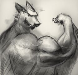  bat biceps biceptember big_muscles drakei fangs flexing flexing_bicep hi_res huge_muscles male mammal monochrome muscular muscular_arms muscular_male teeth 