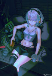  anby_demara breasts burger couch cup female food grey_hair headphones highleg highleg_panties highres holding holding_cup looking_at_screen medium_breasts medium_hair midriff navel paid_reward_available panties pleated_skirt sitting skirt sneeze_(snze) solo tank_top television underwear watching_television yellow_eyes zenless_zone_zero 