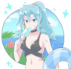  black_choker blue_eyes blue_hair breasts choker clair_(pokemon) earrings female food food_in_mouth hair_between_eyes halterneck high_ponytail highres holding holding_food holding_popsicle horizon innertube jewelry large_breasts long_hair navel ocean pokemon pokemon_hgss popsicle popsicle_in_mouth shu_(witb_) solo swim_ring tooth_earrings upper_body water 