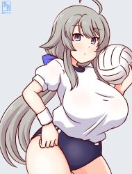  ahoge artist_logo ball blue_background blue_buruma breasts buruma dated female grey_eyes grey_hair gym_shirt gym_uniform holding holding_ball kanon_(kurogane_knights) kantai_collection large_breasts low_ponytail one-hour_drawing_challenge shirt simple_background solo t-shirt volleyball_(object) washington_(kancolle) white_shirt white_wristband 