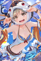  absurdres animal_hat breasts cleavage djeeta_(granblue_fantasy) djeeta_(summer)_(granblue_fantasy) dress_swimsuit female fish fish_hat granblue_fantasy hat highres kajijii layered_swimsuit navel neruko_(granblue_fantasy) official_alternate_costume one-piece_swimsuit scrunchie swimsuit swimsuit_skirt tunaro_(granblue_fantasy) white_one-piece_swimsuit wrist_scrunchie 