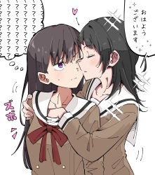  2girls absurdres bang_dream! bang_dream!_it&#039;s_mygo!!!!! black_hair blush brown_dress brown_hair closed_mouth collarbone commentary_request dress hanasakigawa_school_uniform highres long_hair long_sleeves medium_hair multiple_girls neck_ribbon one_eye_closed purple_eyes red_ribbon ribbon sailor_collar sailor_dress school_uniform shiina_taki sidelocks simple_background sparkle speech_bubble sweatdrop thought_bubble translation_request tsuyudashimirin white_background white_sailor_collar yahata_umiri yuri 