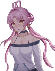  absurdres bare_shoulders black_choker bra_strap breasts choker cleavage collarbone female fu_xuan_(honkai:_star_rail) highres honkai:_star_rail honkai_(series) long_hair long_sleeves looking_at_viewer maruginoru off-shoulder_shirt off_shoulder open_mouth pink_hair shirt simple_background solo upper_body very_long_hair white_background white_shirt yellow_eyes 