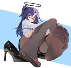  alternate_hairstyle black_halo black_pantyhose blue_archive blush closed_mouth eyebrows_hidden_by_hair feet female glasses halo high_heels highres long_hair looking_at_viewer painterliuhao pantyhose ponytail purple_hair shirt shoes soles solo toes unworn_shoes white_shirt yuuka_(blue_archive) 