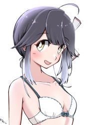  ahoge black_hair bra breasts collarbone female gradient_hair grey_hair hair_ribbon hayanami_(kancolle) highres kantai_collection multicolored_hair ribbon short_hair side_ponytail sidelocks simple_background small_breasts solo underwear upper_body wada-kun white_background white_bra white_ribbon yellow_eyes 