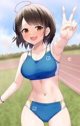  ahoge armpits blue_sports_bra blush breasts brown_hair buruma commission faubynet female highres large_breasts looking_at_viewer midriff navel open_mouth orange_eyes original outdoors revision short_hair skeb_commission smile solo sports_bikini sports_bra sportswear stomach track_and_field track_uniform v 