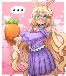  absurd_res animal_humanoid blonde_hair blush border breasts carrot clothing dress ellipsis eyewear female food glasses green_eyes hair heart_symbol hi_res holding_carrot holding_food holding_object holding_vegetable humanoid hybrid lagomorph lagomorph_humanoid leporid_humanoid long_hair mammal mammal_humanoid medium_breasts morbidlycutecrunch pink_background plant purple_clothing purple_dress rabbit_humanoid simple_background solo vegetable white_border 