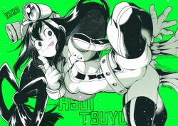  :p asui_tsuyu bodysuit boku_no_hero_academia breasts character_name closed_mouth commentary female finger_to_cheek floating_hair gloves goggles goggles_on_head green_background green_eyes greyscale_with_colored_background hair_between_eyes hair_rings index_finger_raised long_hair looking_at_viewer low-tied_long_hair medium_breasts romaji_text signature skin_tight solo spot_color spread_legs superhero_costume symbol-only_commentary takatsuki_ichi tongue tongue_out very_long_hair 