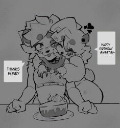  anthro bear birthday birthday_cake blep brown_bear cake closed_eyes clothing crop_top dessert dialogue duo english_text eye_spot female femboy food giant_panda grey_background greyscale grizzly_bear heart_symbol hi_res long_tongue male mammal mistresskamba monochrome rysoka shirt simple_background slightly_chubby slightly_chubby_anthro slightly_chubby_female smile speech_bubble text thick_thighs tongue tongue_out topwear ursine wide_hips 