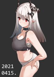  arknights black_choker black_sports_bra chest_sarashi choker demon_horns dishui_tangni female horns mudrock_(arknights) panties pointy_ears red_eyes sarashi solo sports_bra underwear white_hair white_panties 