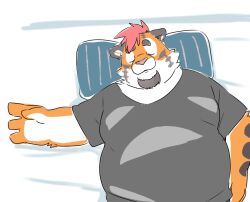  2024 anthro belly big_belly closed_eyes clothing felid hair hi_res inunoshippo kemono lying mammal overweight pantherine pillow pink_nose red_hair shirt solo tiger topwear 