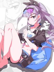  bare_legs barefoot black_jacket black_shorts clothing_cutout crop_top drill_hair female fishnet_cutout goggles goggles_on_head grey_eyes grey_hair hair_ornament highres holding holding_tablet_pc honkai:_star_rail honkai_(series) jacket kili_kilio long_hair looking_at_viewer midriff navel short_shorts shorts side_cutout silver_wolf_(honkai:_star_rail) sitting solo tablet_pc twitter_username white_background zoom_layer 