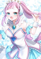  aqua_eyes breasts cleavage dress feather_trim felicia_(fire_emblem) felicia_(ice)_(fire_emblem) female fire_emblem fire_emblem_fates fire_emblem_heroes highres karingityou large_breasts long_hair looking_at_viewer official_alternate_costume open_mouth pink_hair ponytail solo white_dress wrist_cuffs 