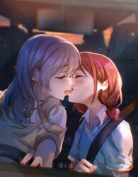  2girls blush brown_hair brown_shirt catowjeemson chromatic_aberration closed_eyes commentary dress_shirt english_commentary film_grain french_kiss girls_band_cry grey_hair highres iseri_nina kawaragi_momoka kissing long_hair low_twintails milestone_celebration multiple_girls off_shoulder rear-view_mirror seatbelt shirt short_hair short_sleeves short_twintails sidelocks tongue tongue_out twintails vehicle_interior white_shirt yuri 