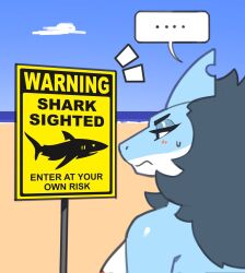  anthro blue_body blue_hair breasts english_text female fin fish hair head_fin hi_res marine shark sign solo text tianiseul white_body 