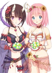  +_+ 2girls absurdres armlet bead_bracelet beads bikini black_bikini black_choker black_hair blue_eyes bracelet breasts broken_horn choker cleavage demon_girl demon_horns demon_tail eriko_(princess_connect!) eriko_(summer)_(princess_connect!) flower frilled_bikini frills gold_bracelet gold_hairband hair_flower hair_ornament hairband heart heart_choker highres holding horns jewelry large_breasts layered_bikini multi-strapped_bikini_bottom multiple_girls natsu_(pixiv91352603) navel o-ring o-ring_bikini o-ring_top open_mouth pink_hair princess_connect! purple_eyes purple_shawl purple_tail red_bikini sarong see-through see-through_sarong see-through_shawl shawl simple_background smile spiked_tail standing sunflower sunflower_hair_ornament swimsuit tail two-tone_bikini white_background white_bikini yui_(princess_connect!) yui_(summer)_(princess_connect!) 