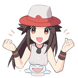  alternate_color black_wristband breast_rest breasts breasts_on_head brown_eyes brown_hair cropped_torso female grey_hat grey_shirt hat leaf_(pokemon) long_hair looking_at_viewer open_mouth player_2 pokemon pokemon_(creature) pokemon_frlg shirt simple_background sleeveless sleeveless_shirt squirtle super_smash_bros. white_background yasaikakiage 